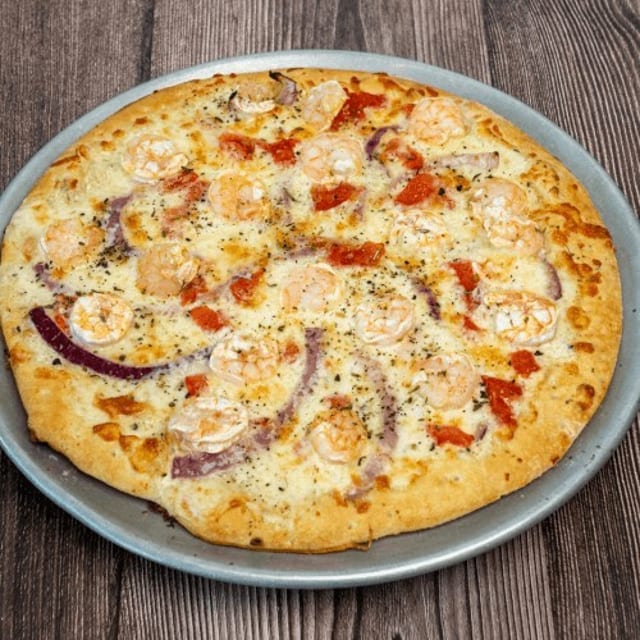 Shrimp Alfredo Pizza.