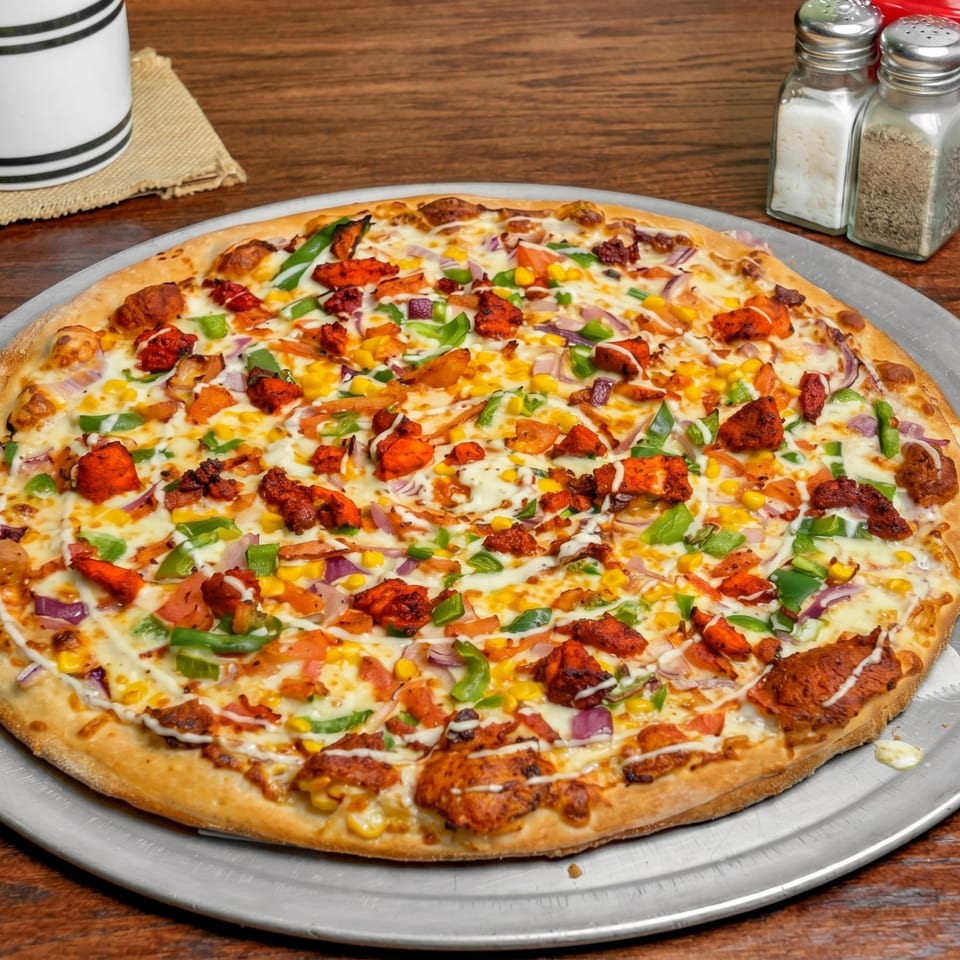 A large, colorful pizza with chicken, corn, peppers, and onions on a metal tray.
