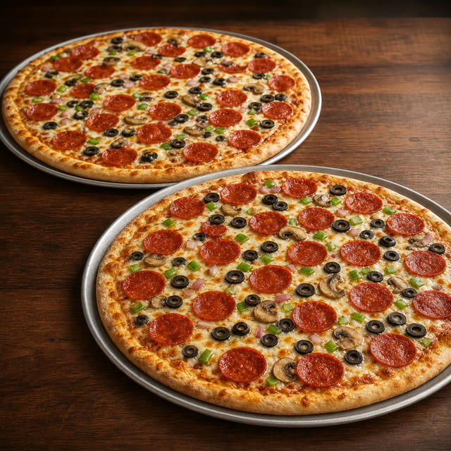 2 Large 1 Topping Pizzas.