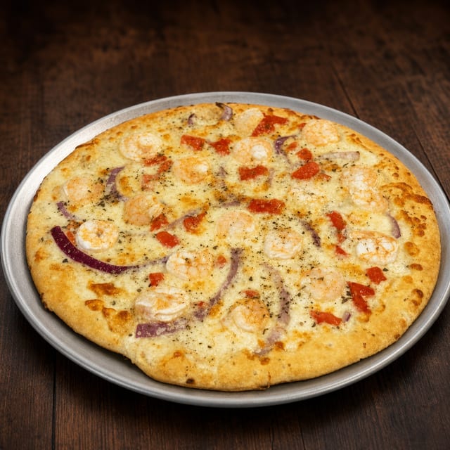Shrimp Alfredo Pizza.